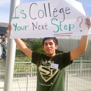 Cal Poly SLO Student Jose Antonio Martinez ready to guide students to a workshop. Photo by Melissa Nunez. 